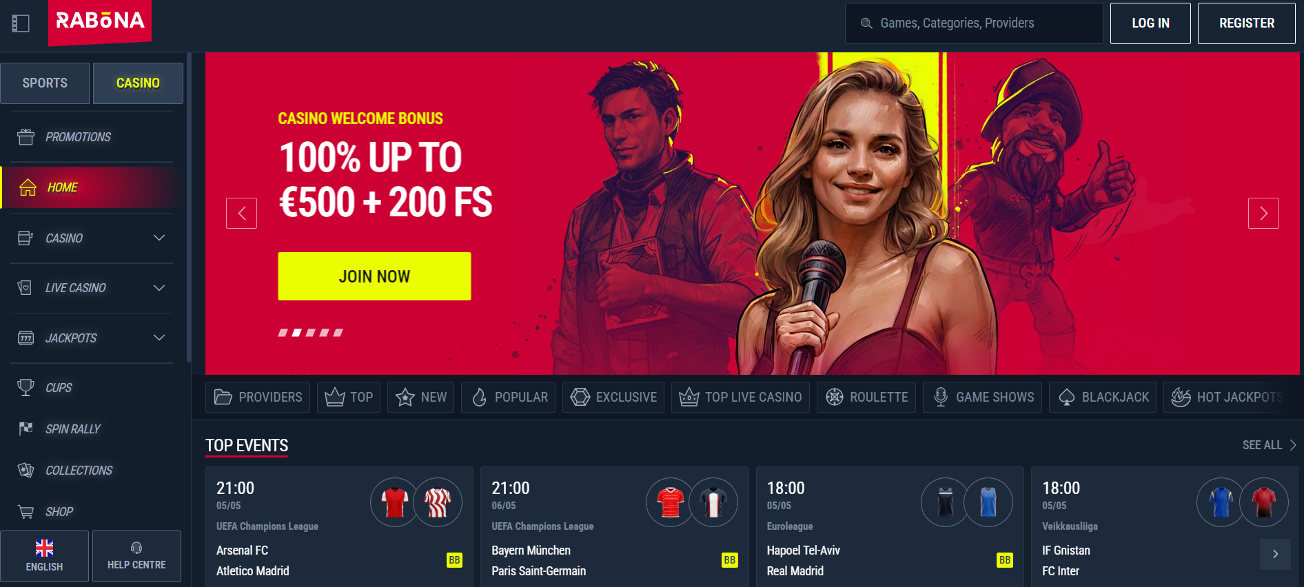 Rabona review homepage screenshot