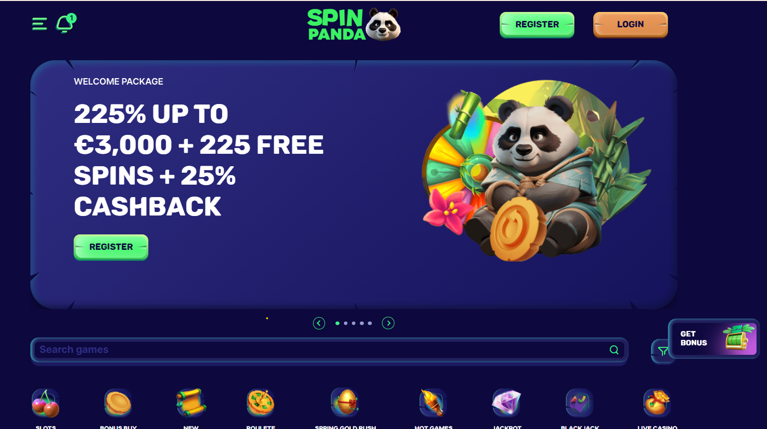 Spin Panda casino review homepage screenshot