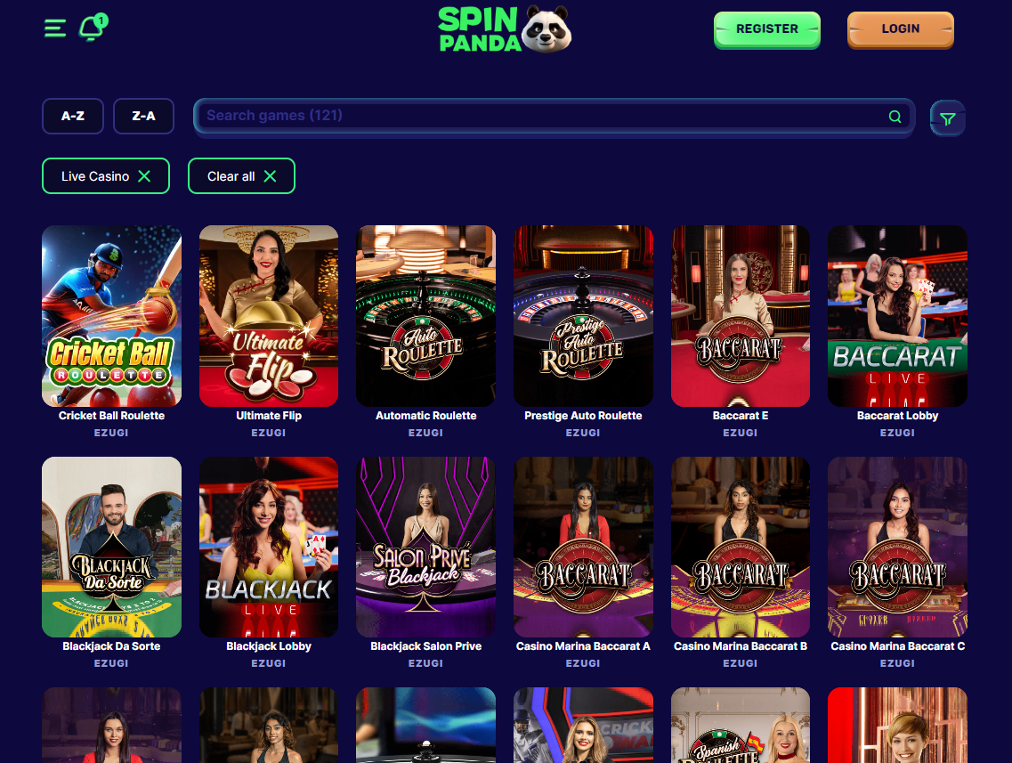 spin panda casino review live games screenshot