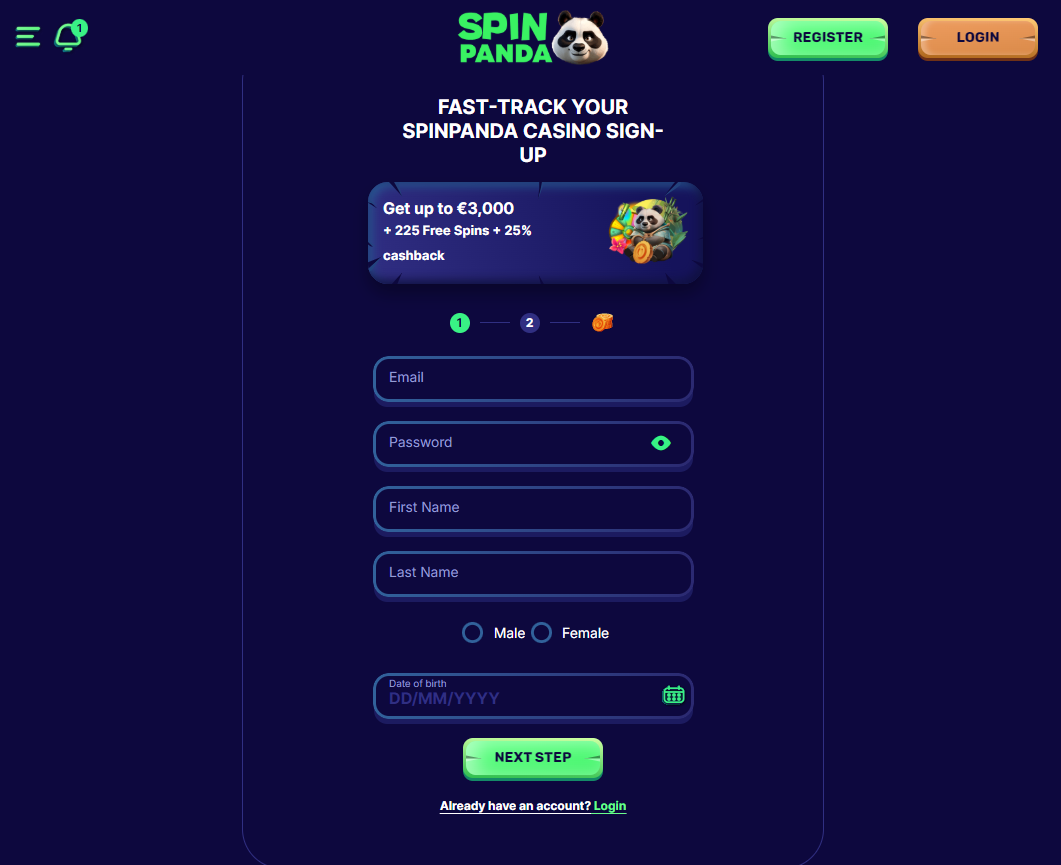 Spin Panda casino review sign up form screenshot