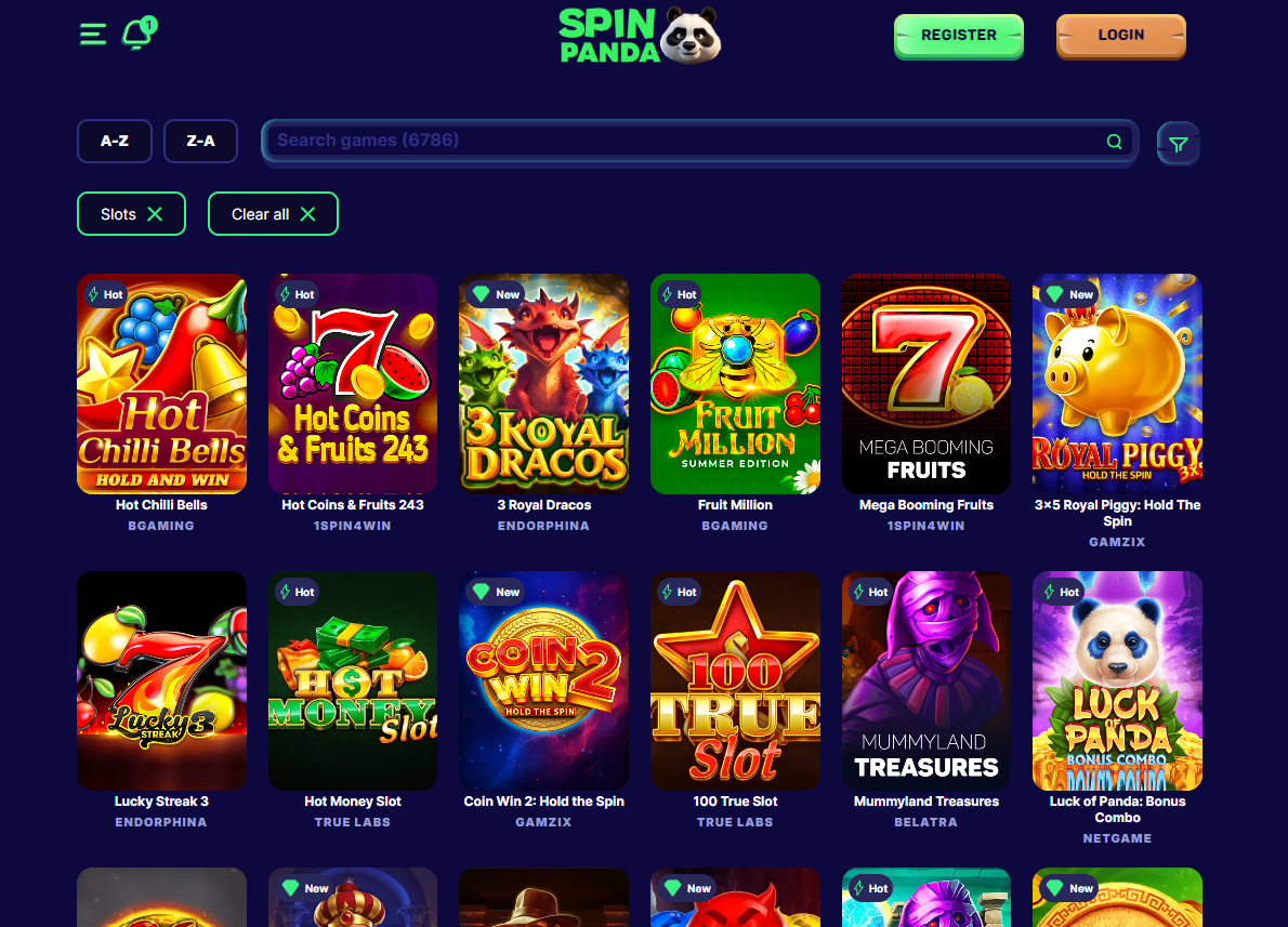 Spin Panda casino review slots section screenshot