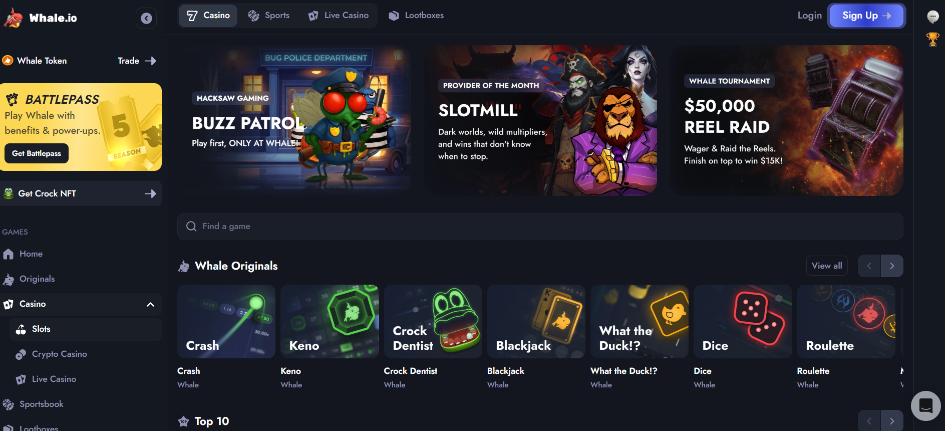 Whale.io casino review games section screenshot