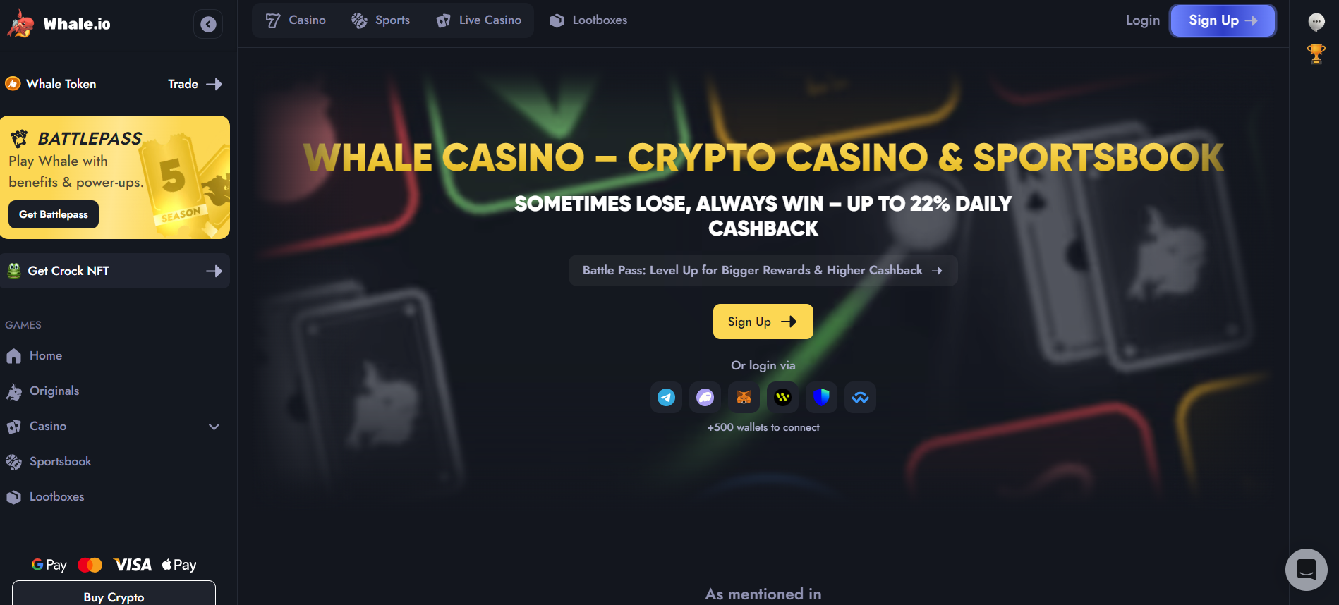 Whale.io casino review homepage screenshot