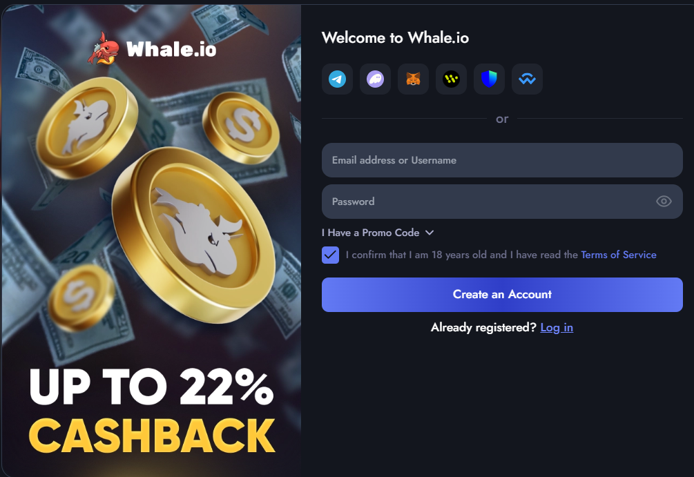 Whale.io casino review sign up form screenshot