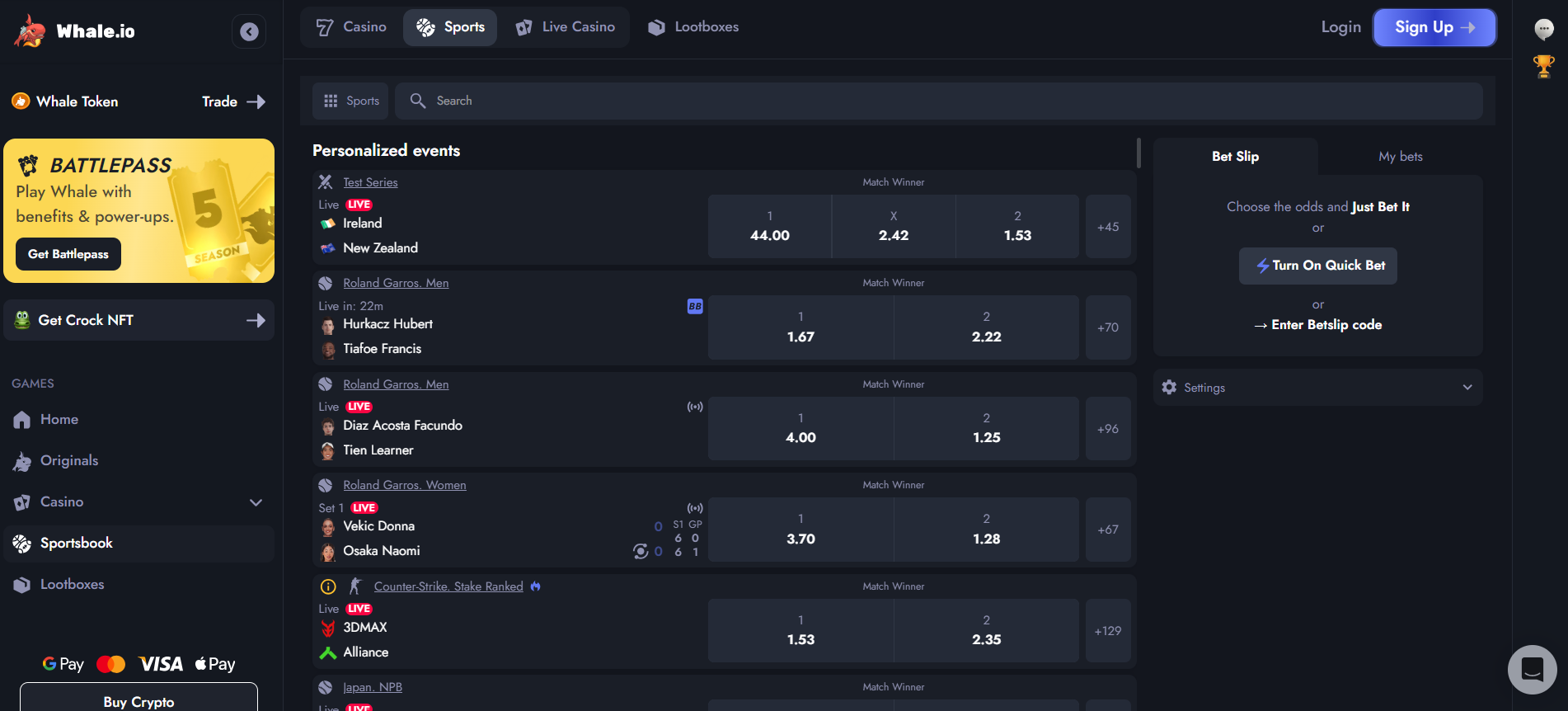 Whale.io review sportsbook screenshot