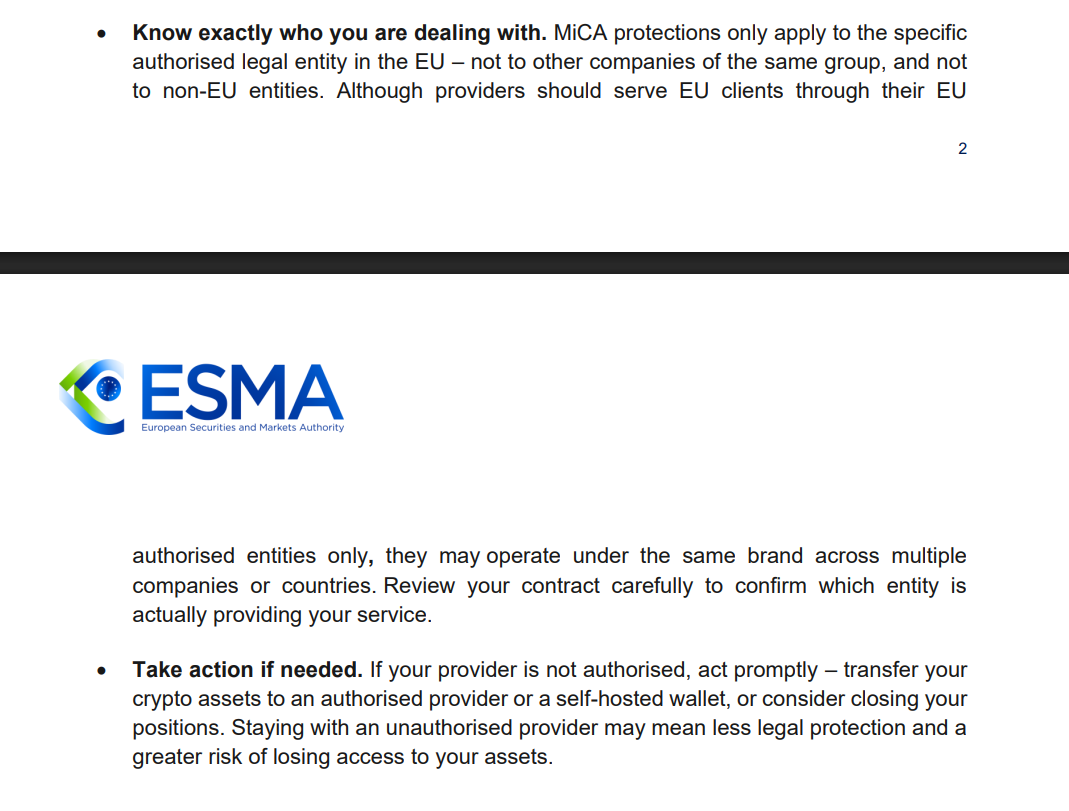 MiCA protections only apply to authorized EU entities