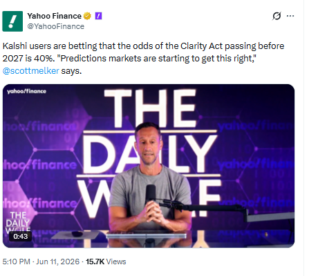 Kalshi users are betting that the odds of the Clarity Act passing before 2027 is 40%