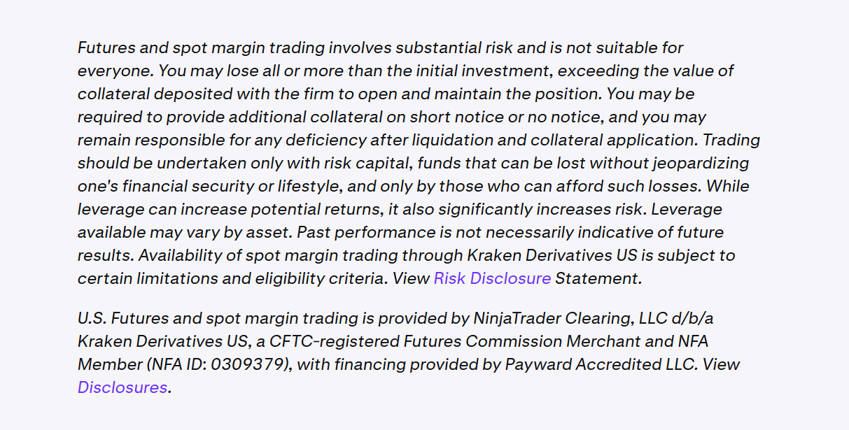 Kraken's risk disclosure statement on derivatives