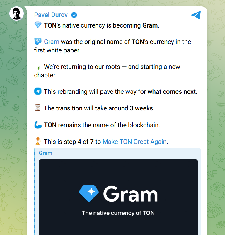 TON’s native currency is becoming Gram.