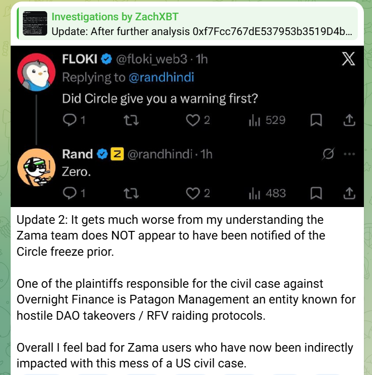 Zama may not have been warned before the USDC freeze, according to ZachXBT
