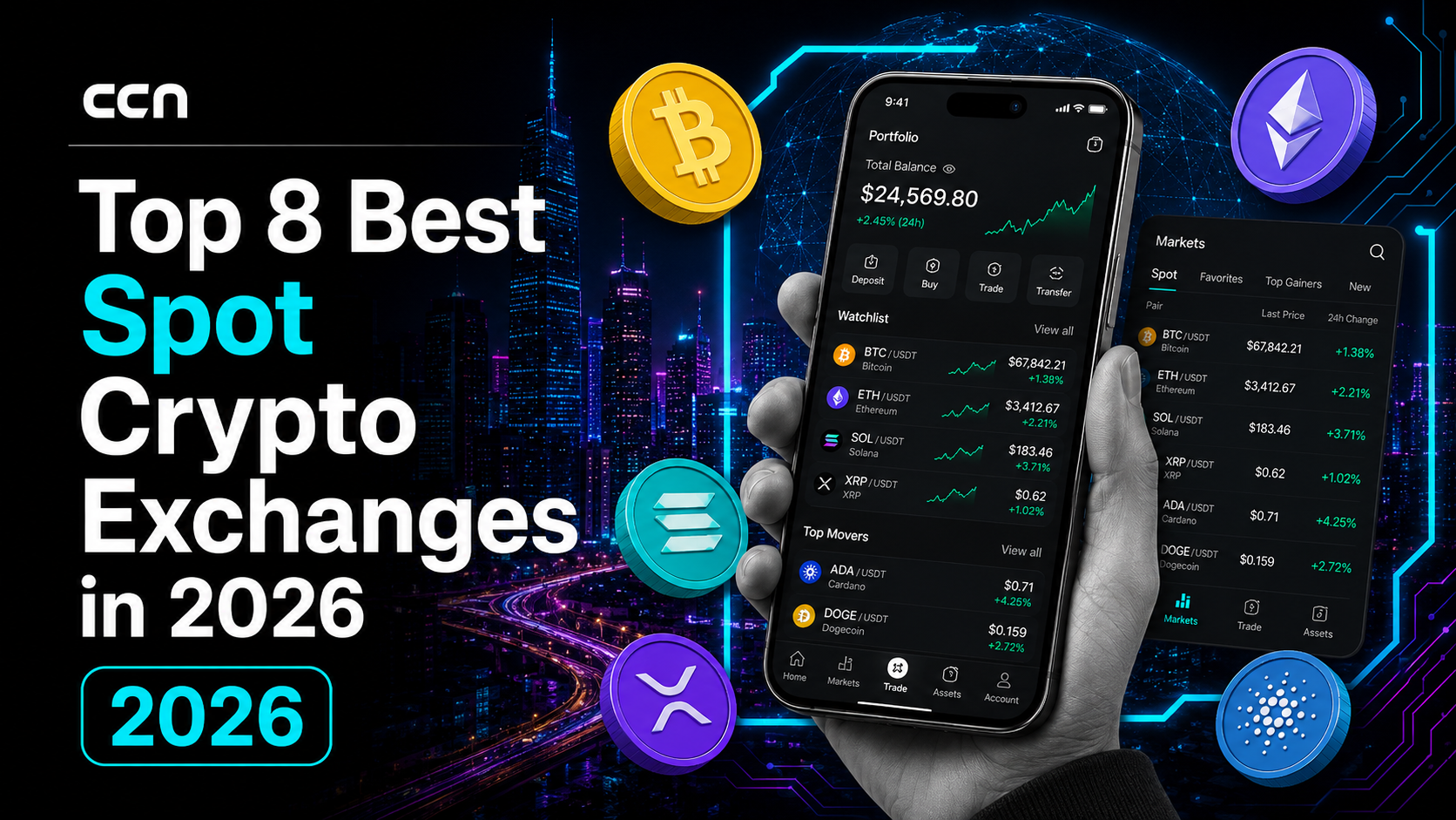 Featured image showing a spot crypto exchange app on a smartphone with market listings, portfolio tools, and floating cryptocurrency coins.