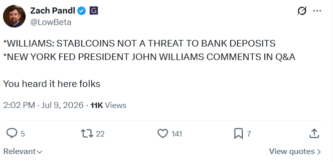 Fed's Williams states stablecoins are mainly for payments and don't threaten bank deposit