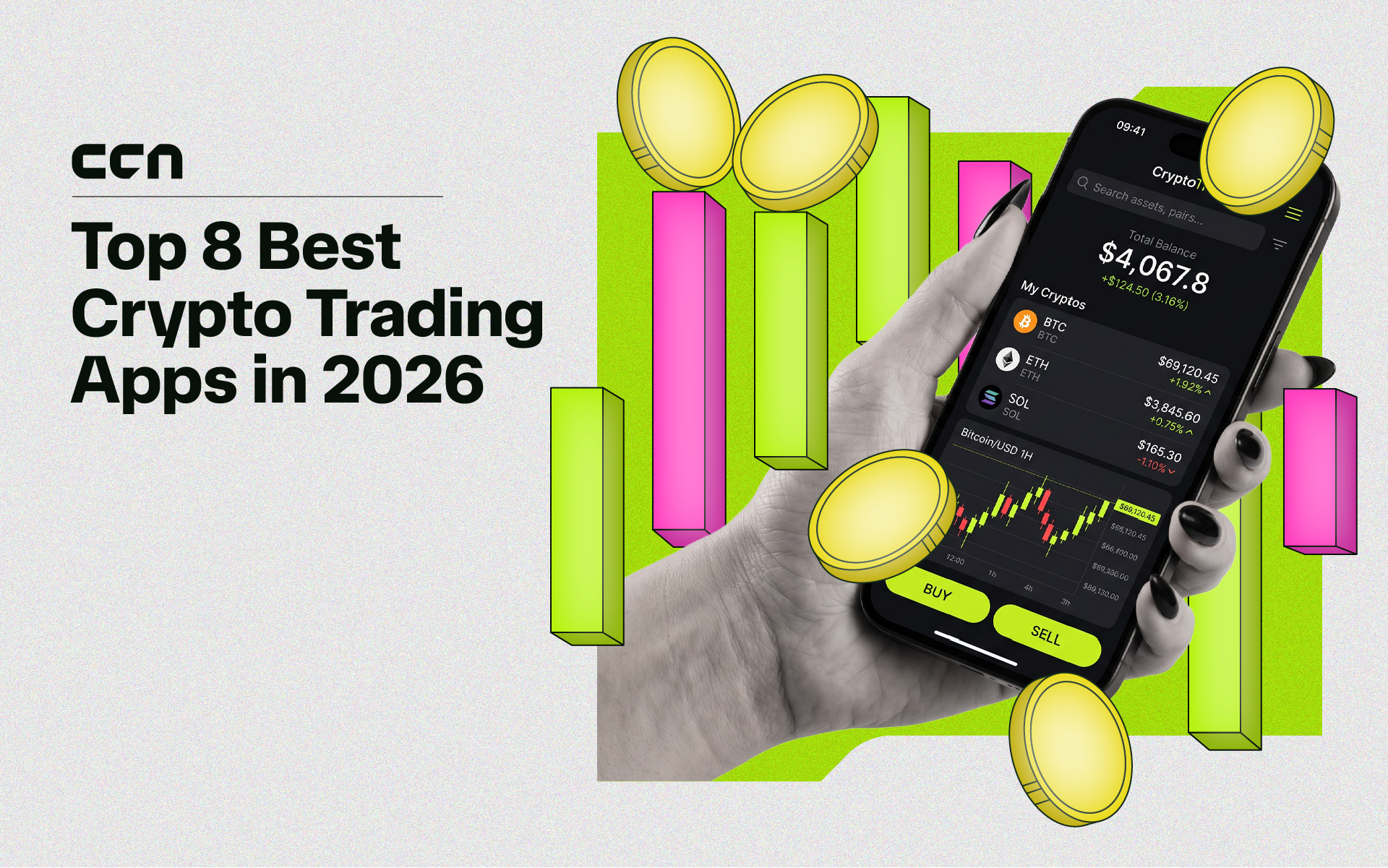 Featured image showing mobile crypto trading apps with portfolio screens, market charts, order book data, and floating cryptocurrency coins.