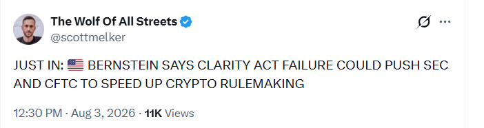 Bernstein says fading CLARITY Act odds could accelerate SEC and CFTC crypto rulemaking