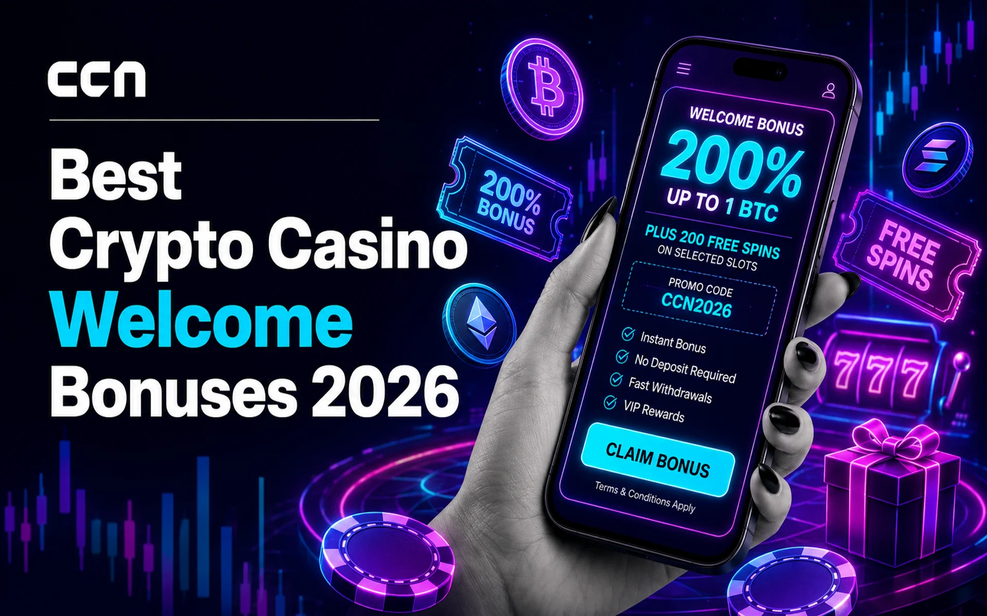 Featured image showing a neon crypto casino welcome bonus screen with a 200% bonus offer, promo code, free spins ticket, casino chips, and floating crypto coins