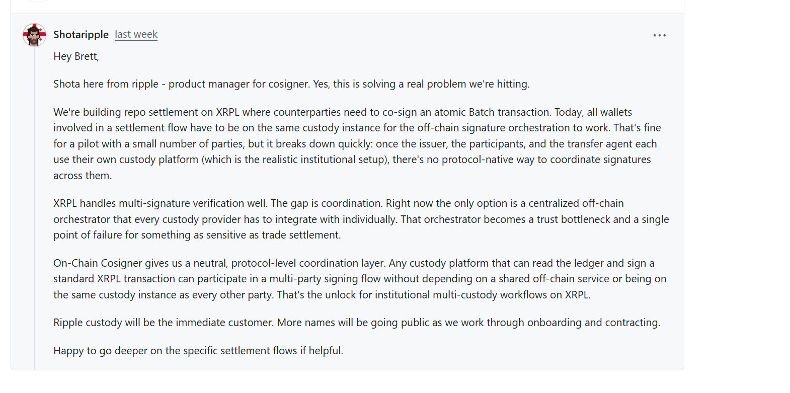 GitHub comment from a Ripple developer detailing plans for XRPL-native repo settlement.