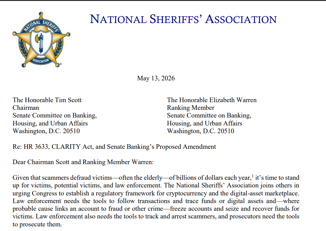 The National Sheriffs' Association is renewing its opposition to the CLARITY Act's decentralized finance (DeFi) provisions