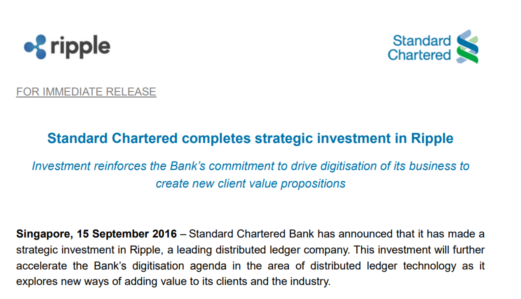 Standard Charted made astrategic investment in Ripple in 2016.