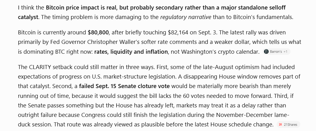 ChatGPT on Bitcoin price impact if CLARITY Act Fails