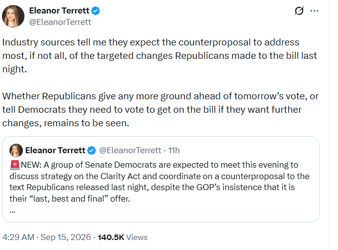 Senate Democrats prepare a CLARITY Act counterproposal ahead of the key vote. (Source: Eleanor Terrett/X)