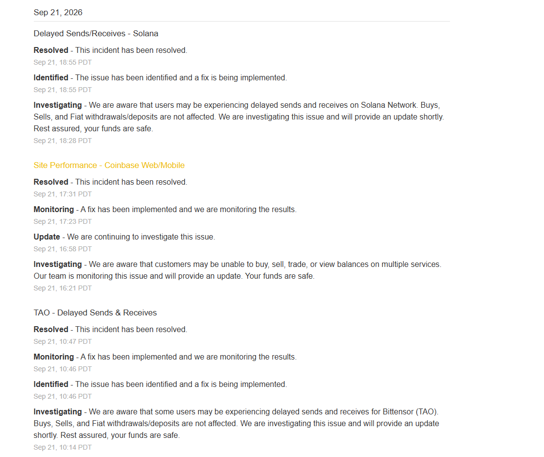 Coinbase’s status page shows the Sept. 21 outage affecting web and mobile services