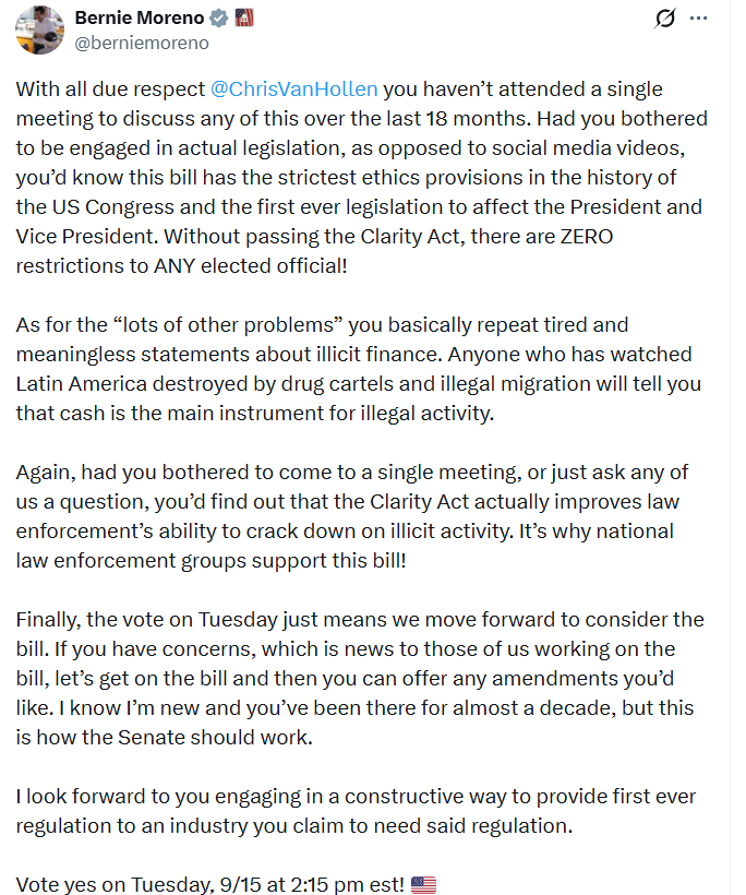 Sen. Bernie Moreno urged lawmakers to vote yes on Tuesday