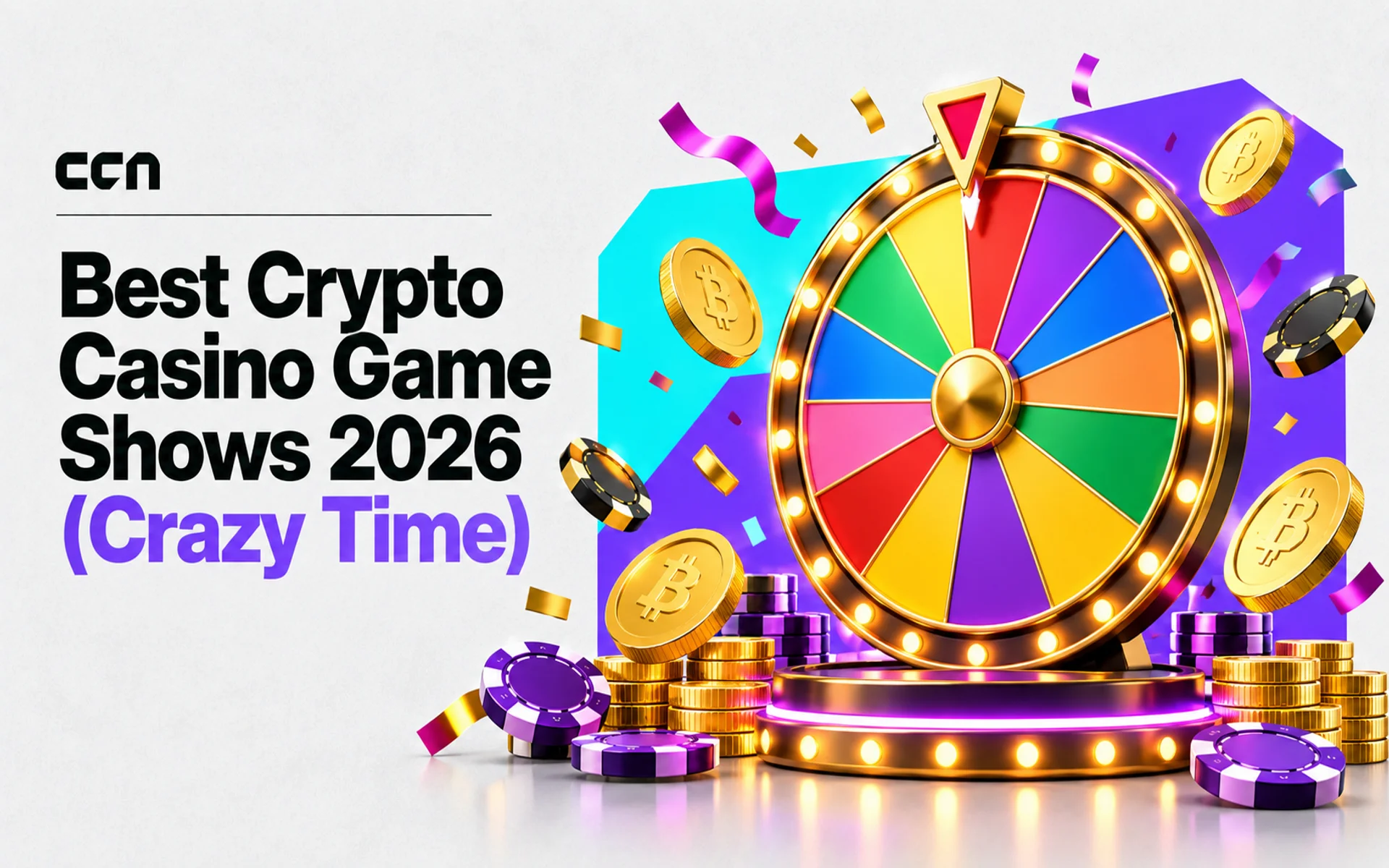 Featured image showing a colorful Crazy Time-style casino prize wheel with Bitcoin coins, casino chips, confetti, and crypto casino game show visuals.
