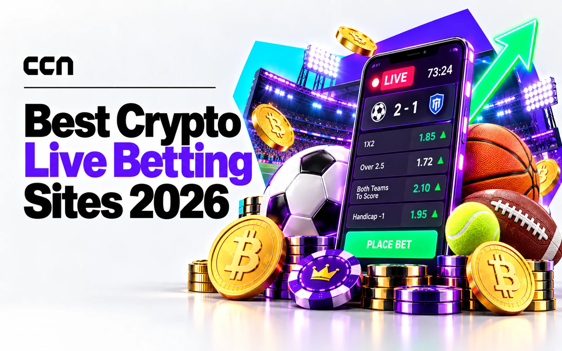 Featured image for Best Crypto Live Betting Sites 2026, showing live sports betting odds, Bitcoin coins, betting chips, and multiple sports including football, basketball, tennis, and American football.