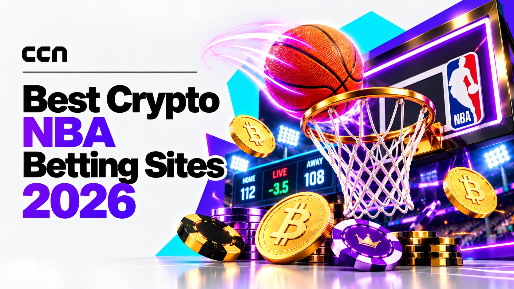 Featured image for Best Crypto NBA Betting Sites 2026, showing a basketball hoop, basketball, Bitcoin coins, betting chips, and a crypto sportsbook-style interface.