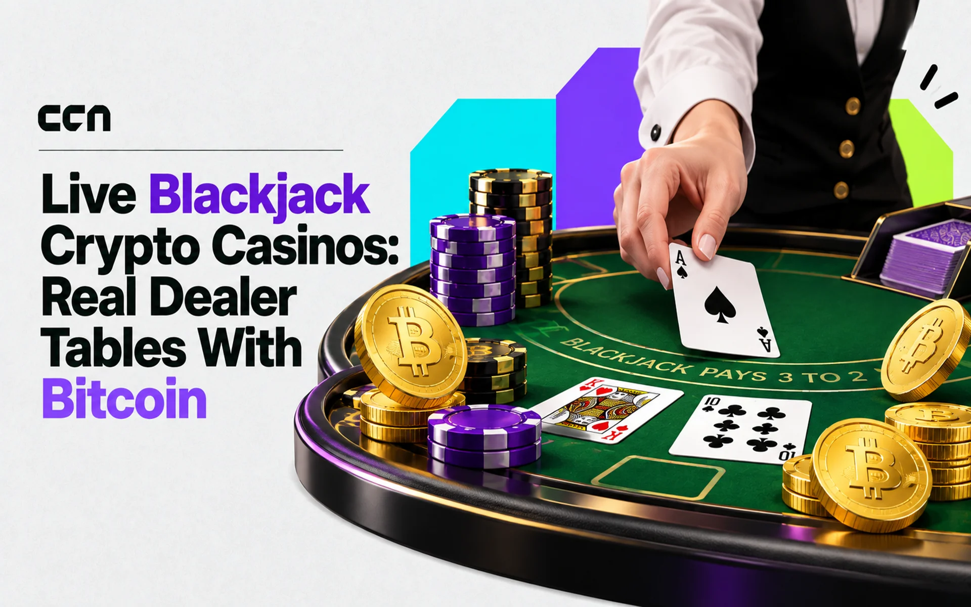Featured image showing a live dealer blackjack table with Bitcoin coins, casino chips, playing cards, and panels highlighting live dealer play and crypto payments.