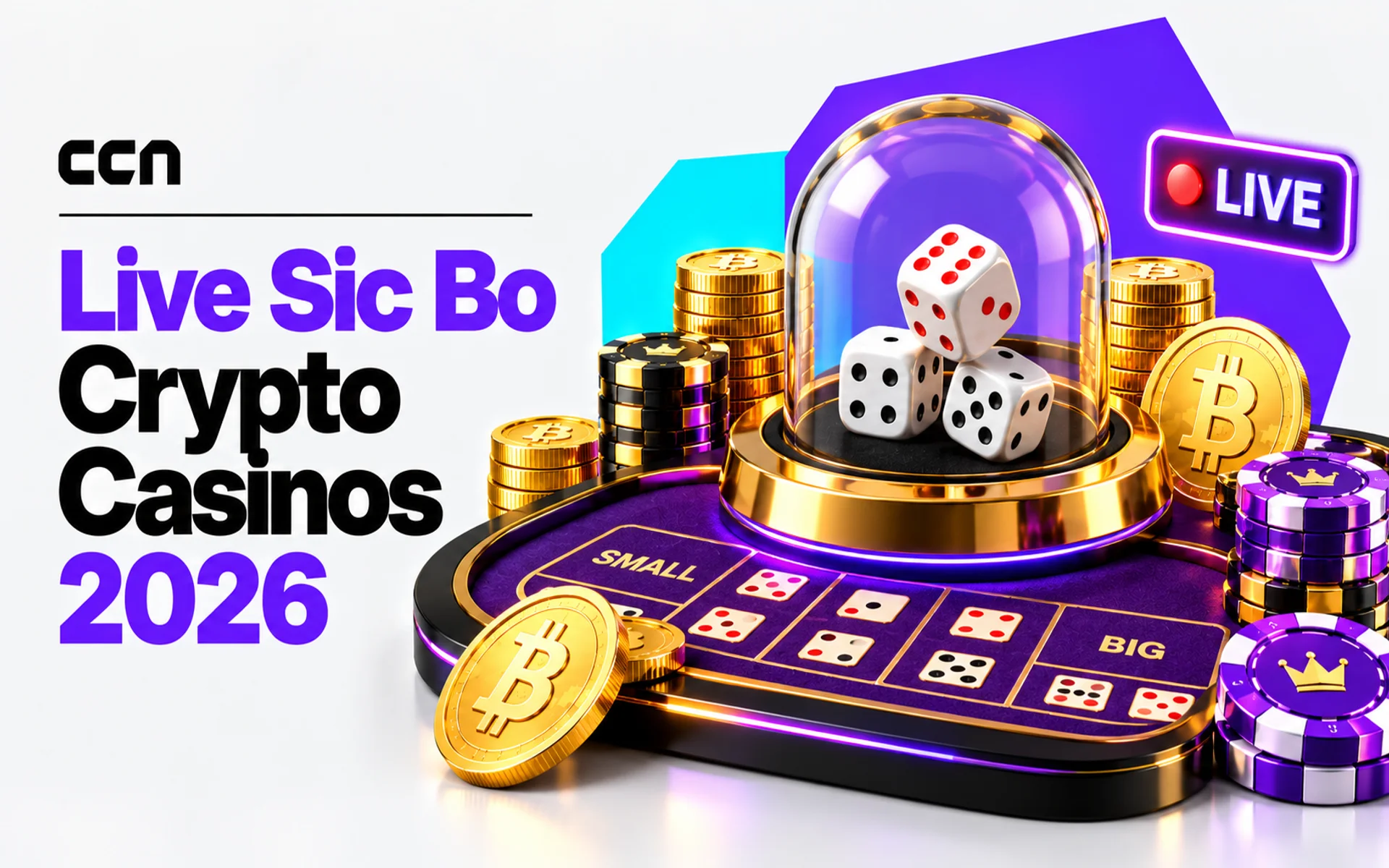Featured image showing a live Sic Bo crypto casino table with three dice under a glass dome, Bitcoin coins, casino chips, and a live dealer indicator.