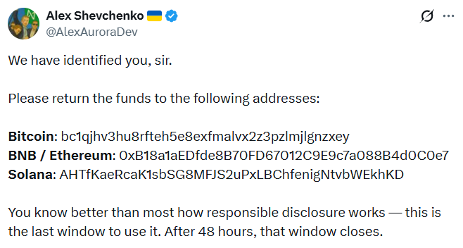 Alex Shevchenko's 48-hour ultimatum following the NEAR Intents exploit.