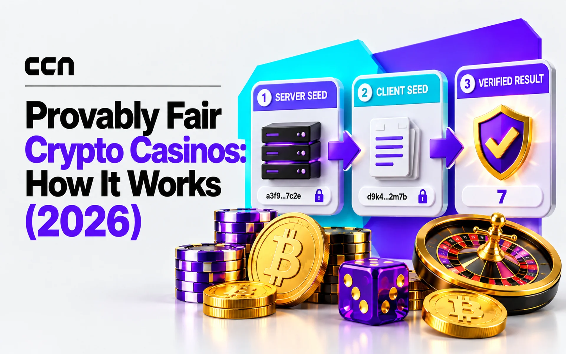 Featured image explaining provably fair crypto casinos with server seed, client seed, verified result panels, Bitcoin coins, casino chips, dice, and roulette.