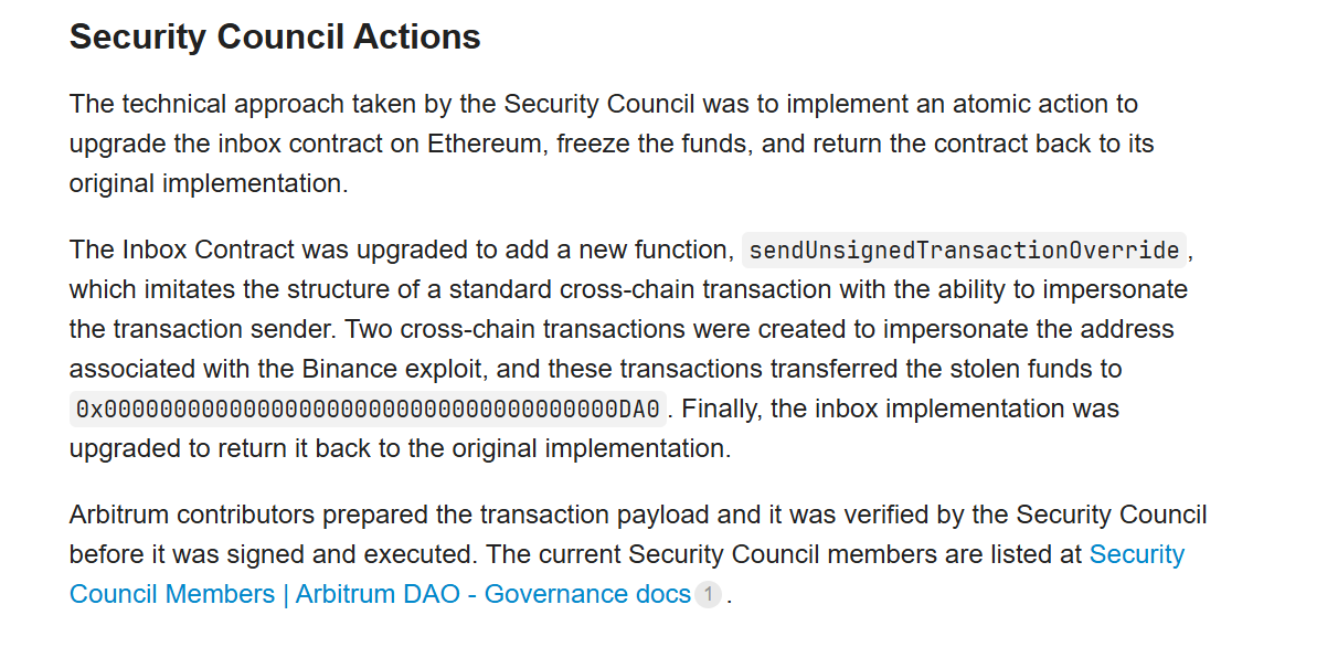 the Security Council executed an emergency action to freeze 8,425 ETH and 74,559,805.2 ARB